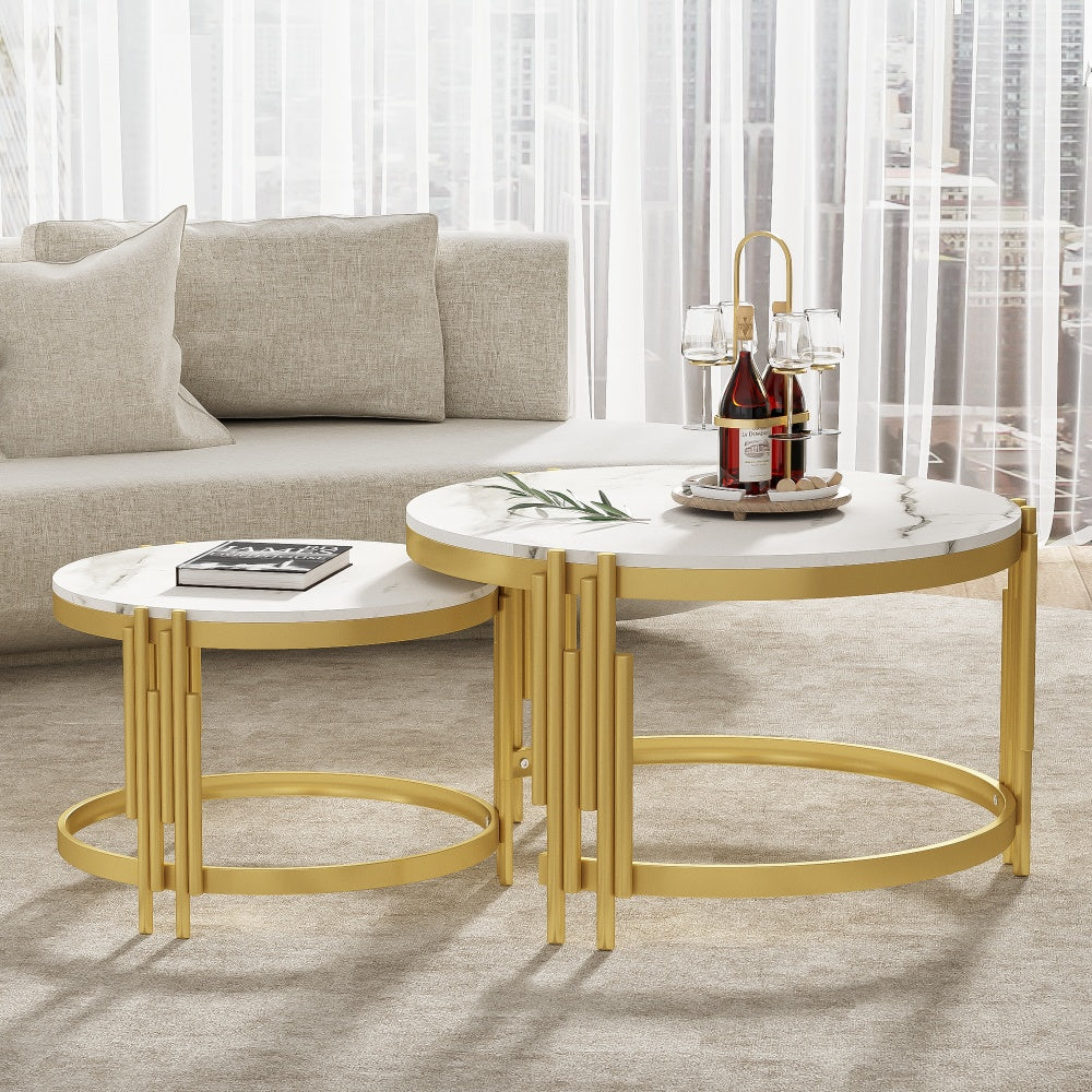 Modern Round Modular Coffee Table & Combination Table - Marble Top with Golden Metal Frame, Space-Saving Expandable Suitable for Living Room, Assembly, Durable Contemporary Table (Wood-Free)