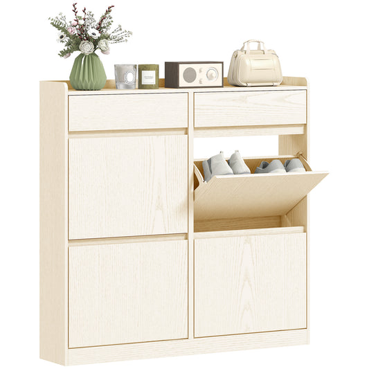 HOMCOM 8-Pair Shoe Cabinet, Narrow Shoe Cabinet, Entryway Furniture with 2 Sliding Drawers And 4 Foldable Drawers, for Hallway And Entryway, 98 X 19.2 X 95.3 Cm, White