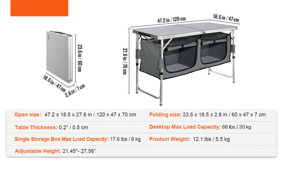 Picknicktafel - Picknicktafel Inklapbaar - Met Keuken Campingkastjes – Aluminium Koffer Tafel - Opbergtas - Verstelbare Hoogte voor Buiten en Tuin - 120x47x70cm - Zilver