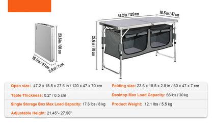 Picknicktafel - Picknicktafel Inklapbaar - Met Keuken Campingkastjes – Aluminium Koffer Tafel - Opbergtas - Verstelbare Hoogte voor Buiten en Tuin - 120x47x70cm - Zilver