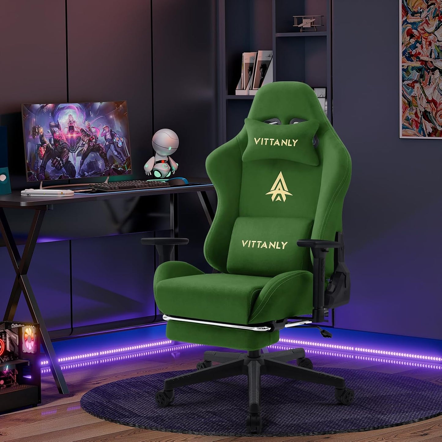 Gamingstoel – Bureaustoel – Gamestoel – Ergonomische Stoel – Werkstoel – Imitatiesuède Bekleding – Verstelbare 3D-Armleuningen – Uittrekbare Voetensteun – Groen