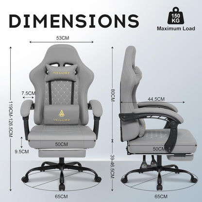 Gamingstoel – Bureaustoel – Gamestoel – Werkstoel – Draaistoel – Ergonomisch Ontwerp – Extra Breed Veerkussen – Grijs