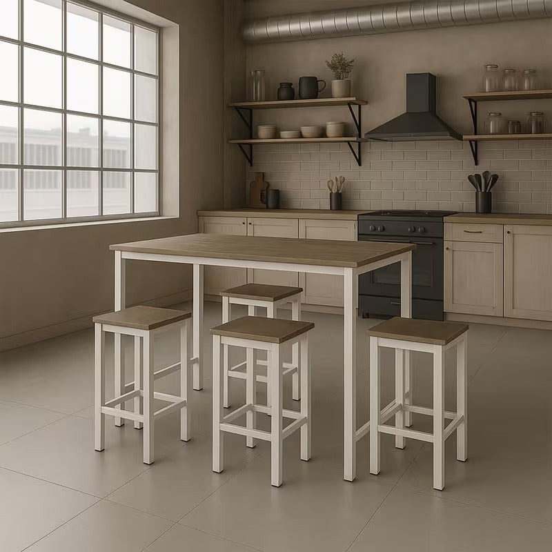 Bartafel Industrieel – Barset – Bartafel Met Krukken – Ontbijttafel – Hoge Tafel – Compact Design – Met 4 Krukken – Metaal & MDF – Industrieel Bruin Eikenlook