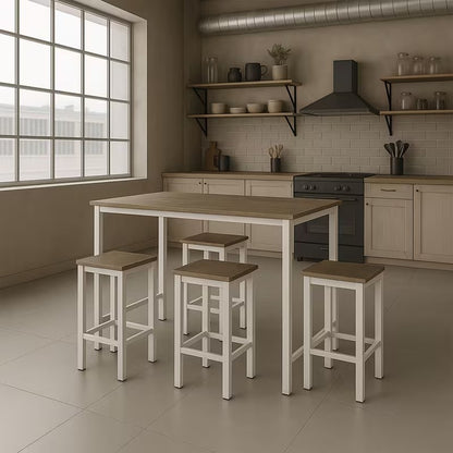 Bartafel Industrieel – Barset – Bartafel Met Krukken – Ontbijttafel – Hoge Tafel – Compact Design – Met 4 Krukken – Metaal & MDF – Industrieel Bruin Eikenlook