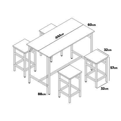 Bartafel Industrieel – Barset – Bartafel Met Krukken – Ontbijttafel – Hoge Tafel – Compact Design – Met 4 Krukken – Metaal & MDF – Industrieel Bruin Eikenlook