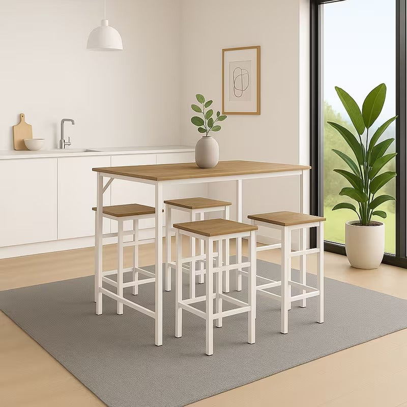 Bartafel Industrieel – Barset – Bartafel Met Krukken – Ontbijttafel – Hoge Tafel – Compact Design – Met 4 Krukken – Metaal & MDF – Industrieel Bruin Eikenlook