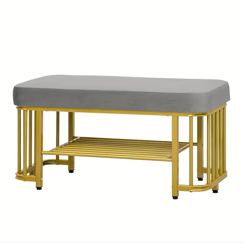 Schoenenbank – Schoenenrek – Zitbank – Halbank – Opbergbank – Grijs met Gouden Accenten – Compact Formaat – Duurzaam Metalen Frame