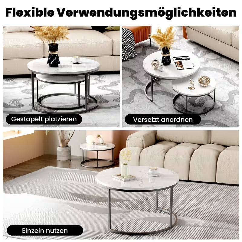 Tuinset – Koffietafel – Bijzettafel – Loungeset – Balkonset – Marmeren Blad – Weerbestendig Aluminium – Ronde Tafels 33,5×60 & 45×80 cm