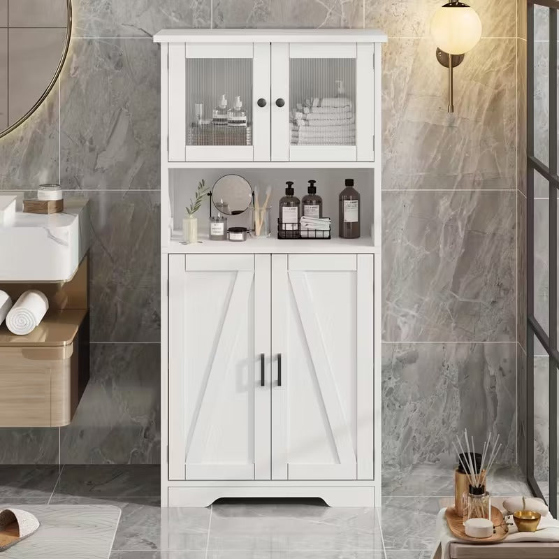 Hoogslank Badkamerkast – Staande Opbergkast – Kolomkast – Verticaal Rek – Badkamermeubel – Verstelbare Planken – Massief Houten Constructie – Modern Grijs Met Glasdeur