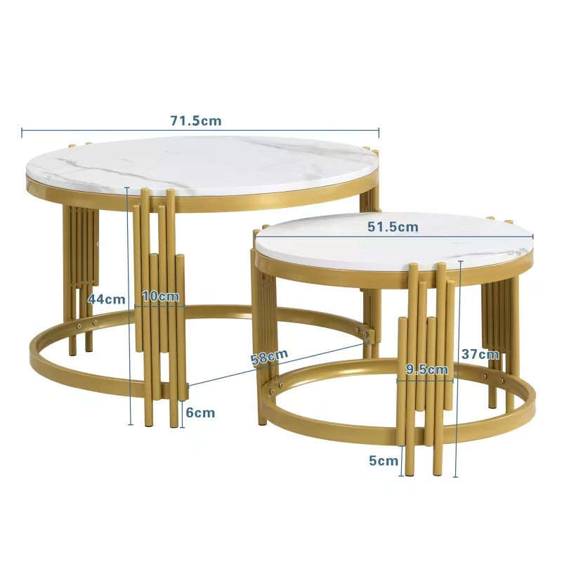 Salontafel – Koffietafel – Bijzettafel – Woonkamertafel – Tafeltje – Set van 2 Ronde Tafels – Marmerlook Blad – Goud Metalen Frame