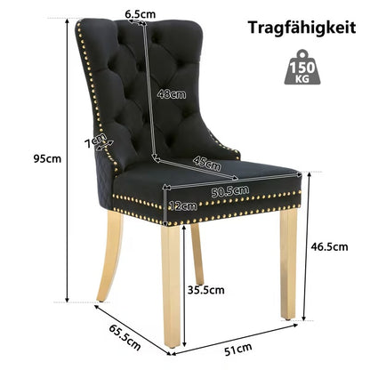 Eetkamerstoel Set 2 – Stoelen – Dining Chairs – Velvet Stoelen – Quilted Stoelen – Zwarte Velvet Bekleding – Goudkleurige Massief Houten Poten – Luxe Moderne Afwerking