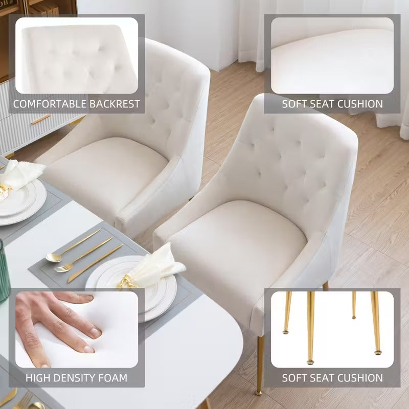 Set Van 2 Moderne Eetkamerstoelen – Velvet Stoel – Tapijtstoel – Comfortabele Stoel – Grijze Bekleding – Gouden Metalen Poten – Zachte Gevoerde Zitting – Stevige Stalen Frame