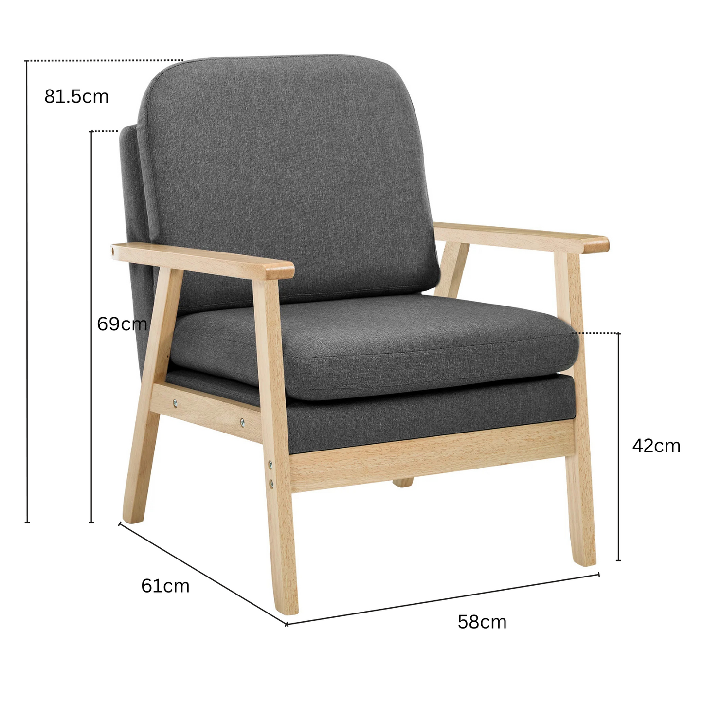 Ligstoel - Tuinstoel - Lounge Fauteuil - Tuinmeubel - Ligstoelen Buiten - Binnen - met Kussen - voor Woonkamer - Slaapkamer - Thuis - Scandinavische Stijl - Sterk - Duurzam - Linnen & Massief Hout - 66.5 x 64 x 81.5 cm - Donkergrijs