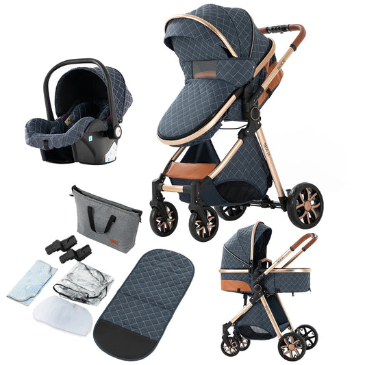 Baby Stroller - 3 in 1 - Portable - Foldable Trolley for Babies - With Cushion and Sunshade - Stroller Car for Newborn Baby - Lightweight - Blue