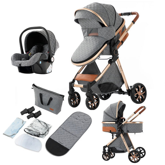 Kinderwagen - 3 in 1 - Opvouwbare Trolley voor Baby's - Lichtgewicht - Hoog landschap - Wandelwagen - Elegante Ontwerp - Kinderwagen Auto voor Pasgeboren Baby - Compacte Opvouwbaarheid - Grijs
