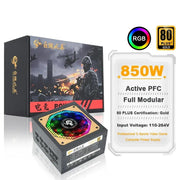 Julongfengbao - Voeding - Interne voeding - Voor Gaming Desktop Computer PSU - 80Plus Goud - RGB - ATX - 850W - Maximale piek 1000W - Volledig modulair - Grijs