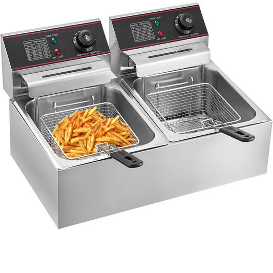 Vevor - Frituurpan - Frituurpan - Dubbele tanks - Commerciële frituurpan - Frituurpan voor op het aanrecht - Instelbare temperatuurregeling - 5000W - 220V - 12L - Roestvrij staal - Zilver