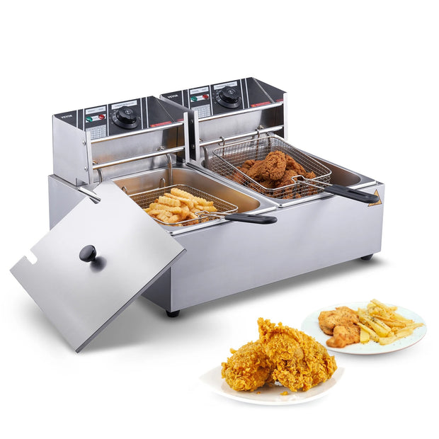 Vevor - Deep Fryer - Deep Fryer - Double Tanks - Commercial Electric Deep Fryer - No Timing &amp; Filter - 500W - 220V - Stainless Steel - Countertop Deep Fryer for Fried Chicken and French Fries - Silver