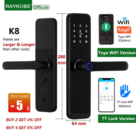 Raykube - Slank Deurslot - Smart Lock - Elektrisch Deurslot - Geen Insteekslot - APP - Bluetooth - Mechanische sleutels - Kaart - WIFI - Wachtwoord - Vingerafdruk - Zwart