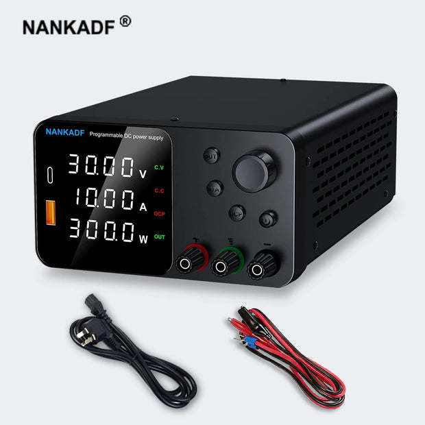 Nankadf - Voeding - Omvormer - Instelbare spanningsregelaar - met USB-A/Type-C - Laadpoort - DC-voeding voor 4-cijferig LED-display met encoderbediening - 30V 10A - Zwart