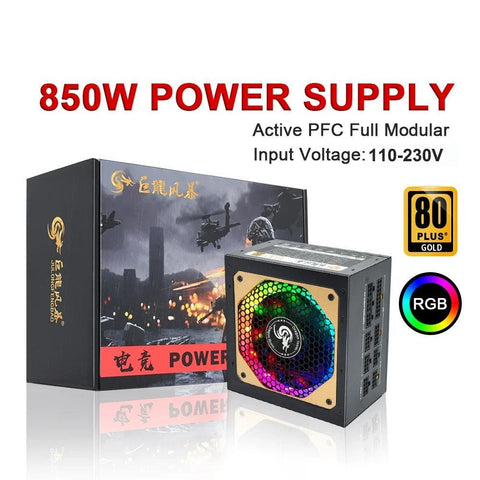 Julongfengbao - Voeding - Interne voeding - Voor gaming desktopcomputer PSU - ATX - 850W - Volledig modulair - RGB - 80Plus - Goud 20+4Pin - 12V - Grijs