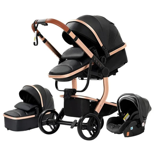 Kinderwagen - 3 in 1 - Babykinderwagen - Newbornkinderwagen - Hoge kwaliteit kinderwagen - Voor oudere baby's - Rubberen wiel PU leren kinderwagen - Zwart