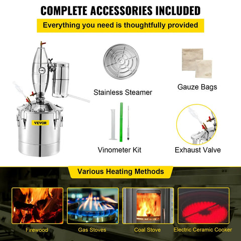 Vevor - Water Distiller - Alcohol Water Distiller - DIY Moonshine Equipment - 70L - Brewing Machine for Whiskey Wine Beer - Stainless Steel - Silver