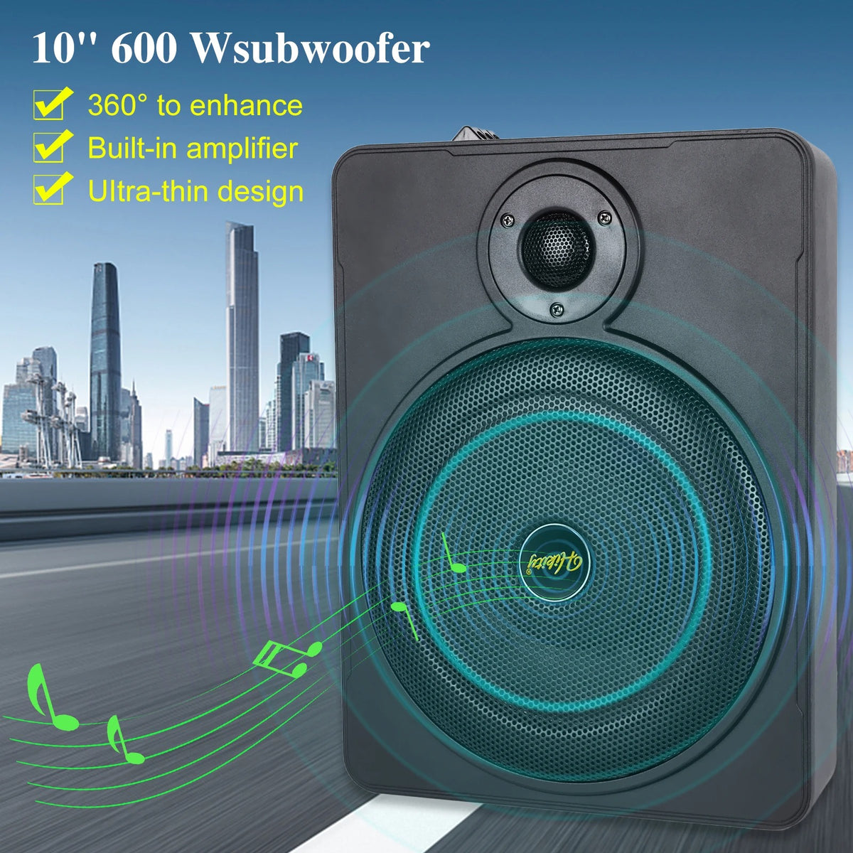 Podofo - Car Subwoofer Audio - Powerful Speaker - 800W - 90db - Underseat Woofer - SLIM Active Subwoofer - Enclosure with Cable - Black