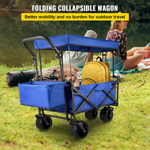 Vevor - Deeper Festival Trolley - Adjustable Handlebar - Foldable Cart - Adjustable Handlebar - Removable Awning - Oxford Cloth - Foldable Shopping Trolley for Outdoor, Camping and Beach - Blue