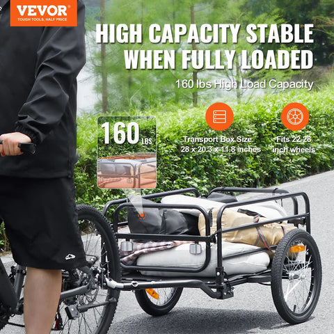 Vevor - Bicycle Trailer - Foldable - Bike Trailer - with Universal Coupling - Compact Storage - Suitable for 22"-28" Bike Wheels - 160 lbs Capacity - Black
