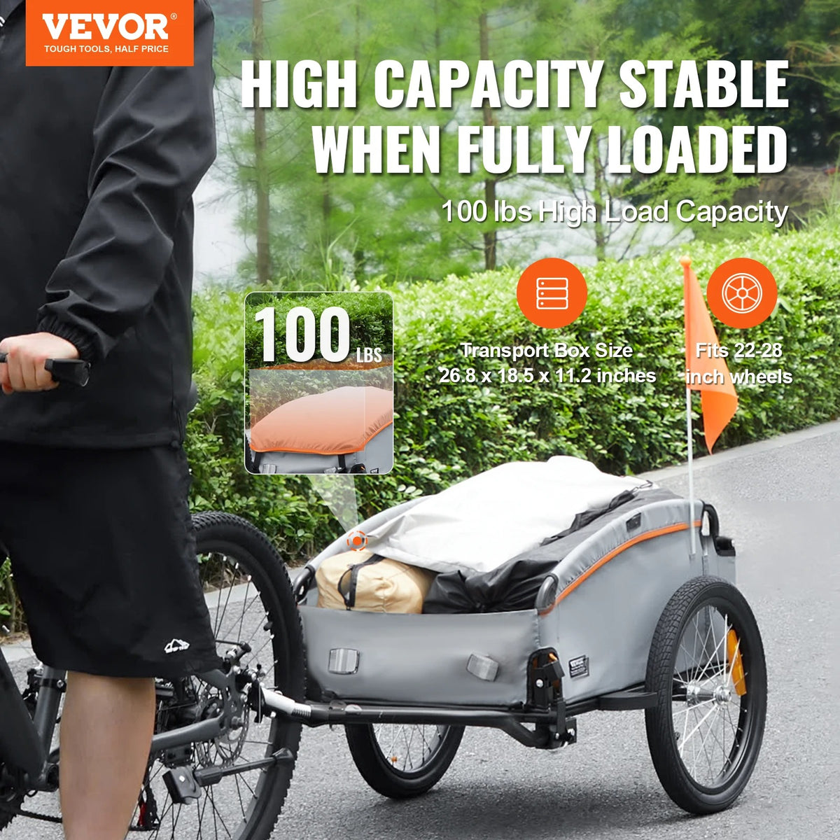 Vevor - Fietskar - Opvouwbaar - met universele koppeling - Compacte opslag - Draagvermogen van 100 lbs - Waterdichte hoes en veilige reflectoren - Past op fietswielen van 22"-28" - Zwart