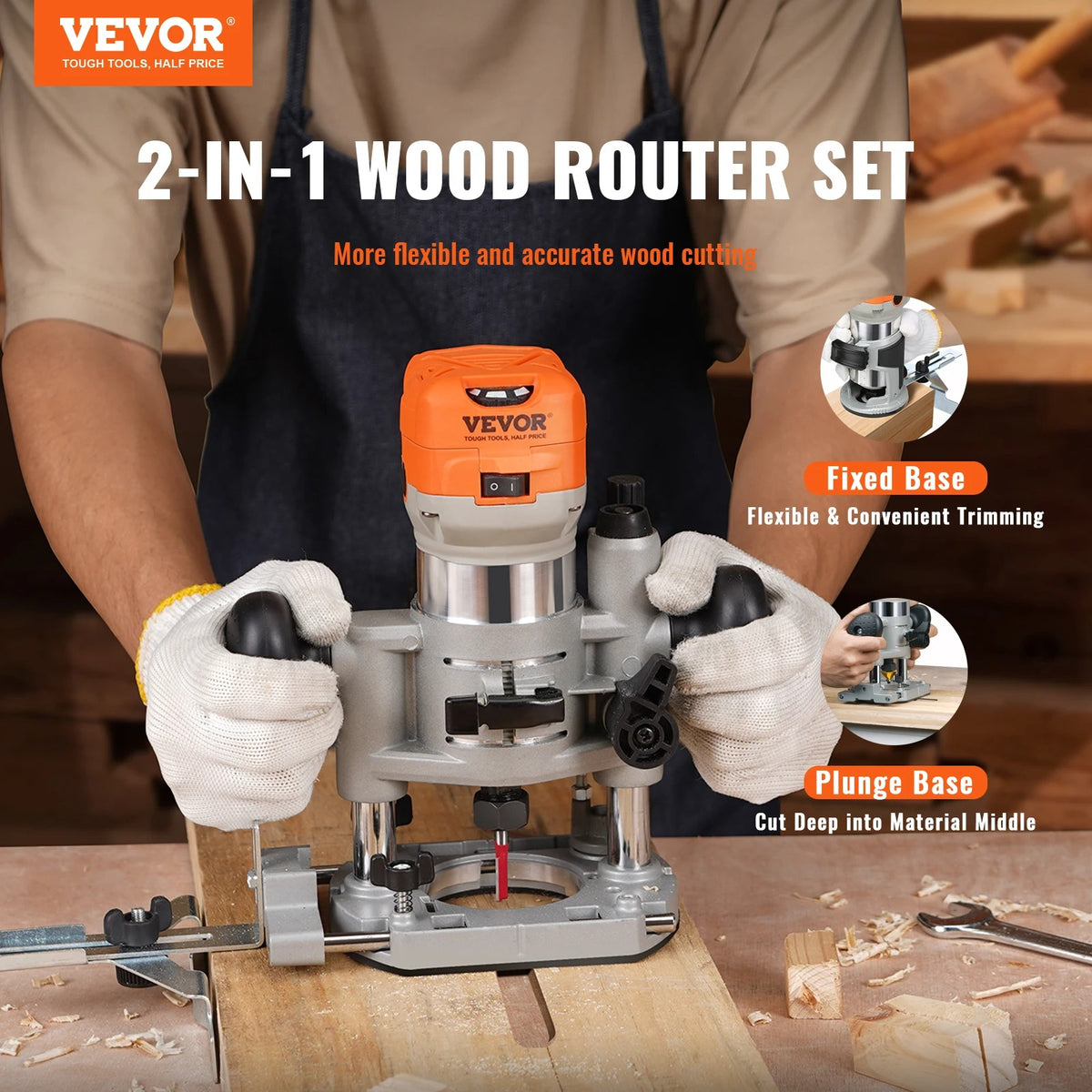 Vevor - Bovenfrees - Houtfrees - Elektrische Handtrimmer - Hoge Kwaliteit - 1.25HP - 800W - 220V - 30000RPM - 6 Variabele Snelheden - Oranje