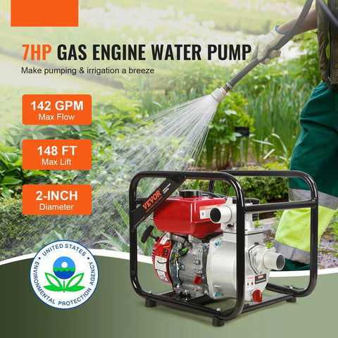 Vevor - Water Pump - Utility Pump - Gasoline Engine Water Pump - 4-Stroke Gas Powered - 7HP - 265GPM - Waste Water Transfer Pump for Pool Irrigation - Red