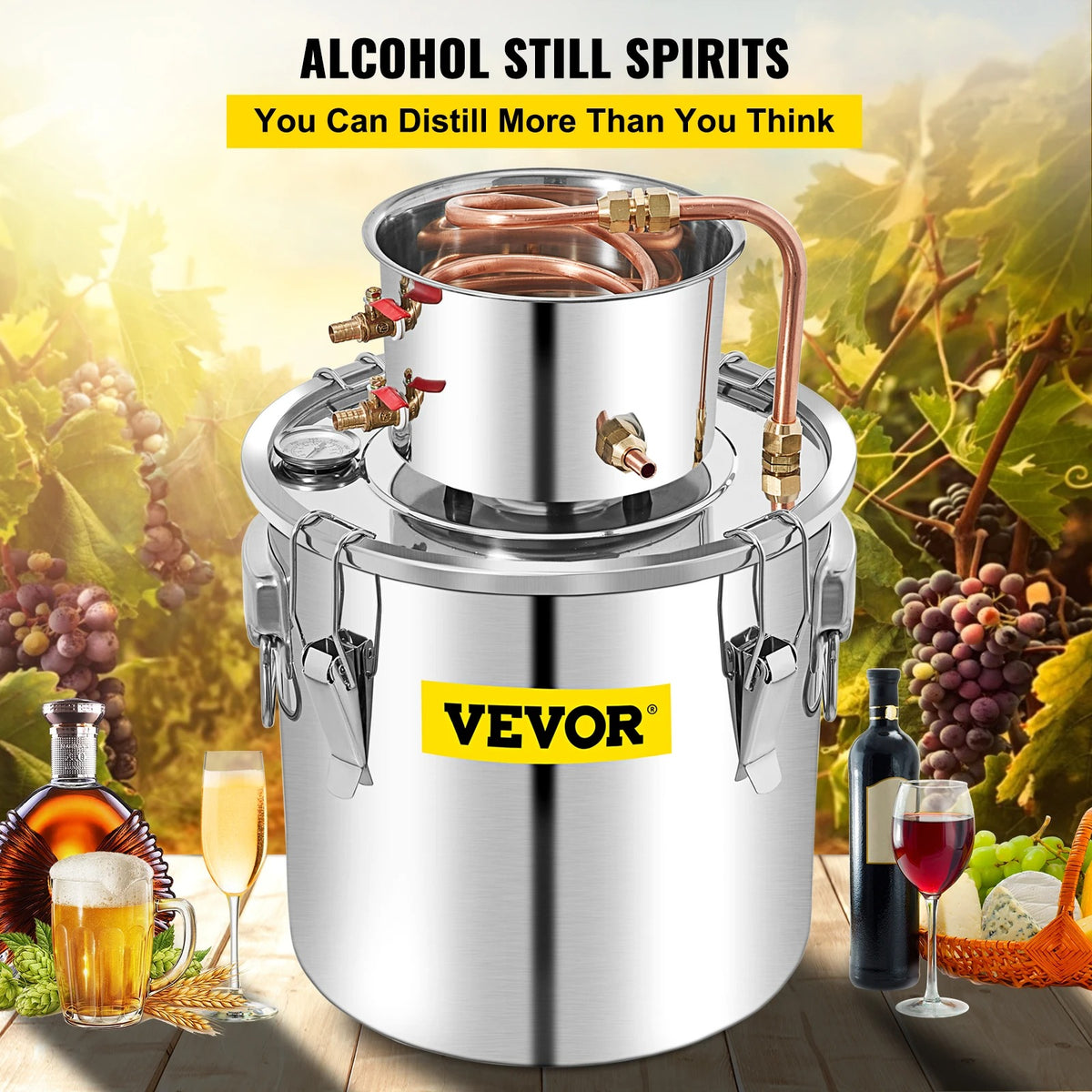 Vevor - Waterdestilleerder - DIY Moonshine-apparatuur - Alcoholwaterdestilleerder - 50L - Brouwmachine voor whisky, wijn, bier - Roestvrij staal - Zilver - QUORE