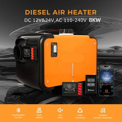 Dieselkachel - Elektrische kachel - 8KW - 220V - Bluetooth-app en Afstandsbediening - Ultrastille Nachtkachel of Campertent voor Thuis - Oranje - QUORE