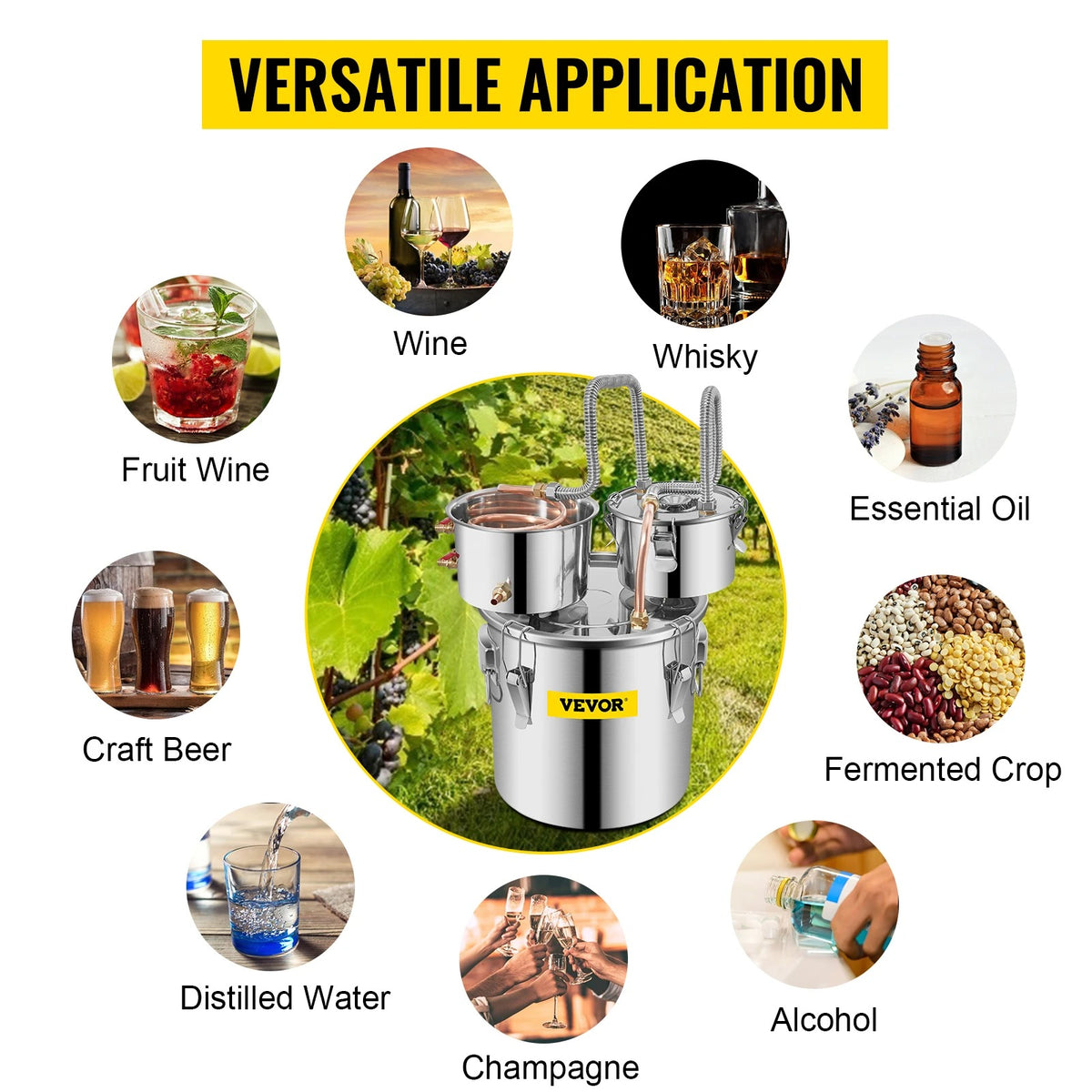 Vevor - Water Distiller - 20L - DIY Moonshine Equipment - Alcohol Water Distiller - Brewing Machine for Whiskey, Wine, Beer - Stainless Steel - Silver