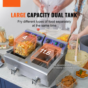 Vevor - Deep Fryer - Deep Fryer - Double Tanks - Commercial Electric Deep Fryer - with Timer Filter - 3000W - 12L - Stainless Steel - Countertop Fryer for Fried Chicken and French Fries - Silver