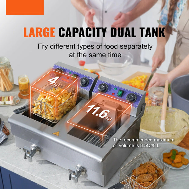 Vevor - Deep Fryer - Deep Fryer - Double Tanks - Commercial Electric Deep Fryer - with Timer Filter - 3000W - 12L - Stainless Steel - Countertop Fryer for Fried Chicken and French Fries - Silver