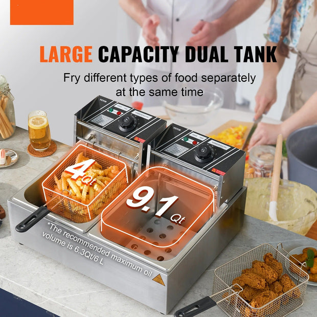 Frituurpan - Dubbele tanks - Commerciële elektrische frituurpan -  Zonder timing en filter - 3000W - 220V - Frituurpan voor op het aanrecht - Roestvrij staal - Zilver