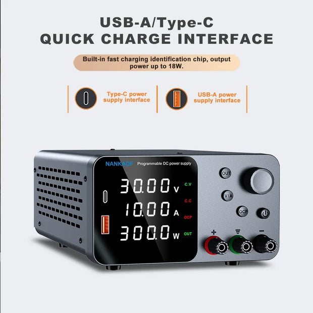 Voeding - Omvormer - Instelbare spanningsregelaar - met USB-A/Type-C - Laadpoort - 30V 10A - DC-voeding voor 4-cijferig LED-display met encoderbediening - Zwart