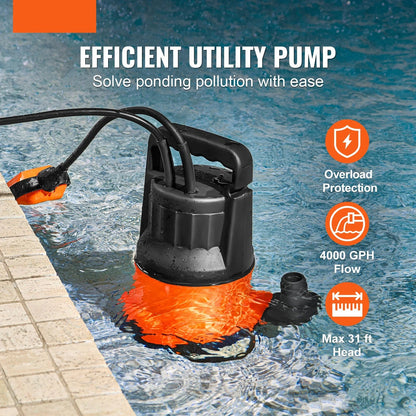 Vevor - Water Pump - Utility Pump - Submersible Pump - 1HP - 700W - 4000GPH - for water drainage - IPX8 - Orange