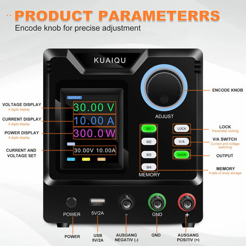 Kuaiqu - Power Supply - Inverter - Adjustable DC Voltage Regulator - Dual-Channel Variable DC Power Supply - 30V - 10A - 300W - 232-Port - AC 220V - Black