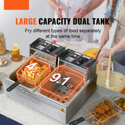 Vevor - Deep Fryer - Deep Fryer - Double Tanks - Commercial Electric Deep Fryer - No Timing &amp; Filter - 500W - 220V - Stainless Steel - Countertop Deep Fryer for Fried Chicken and French Fries - Silver