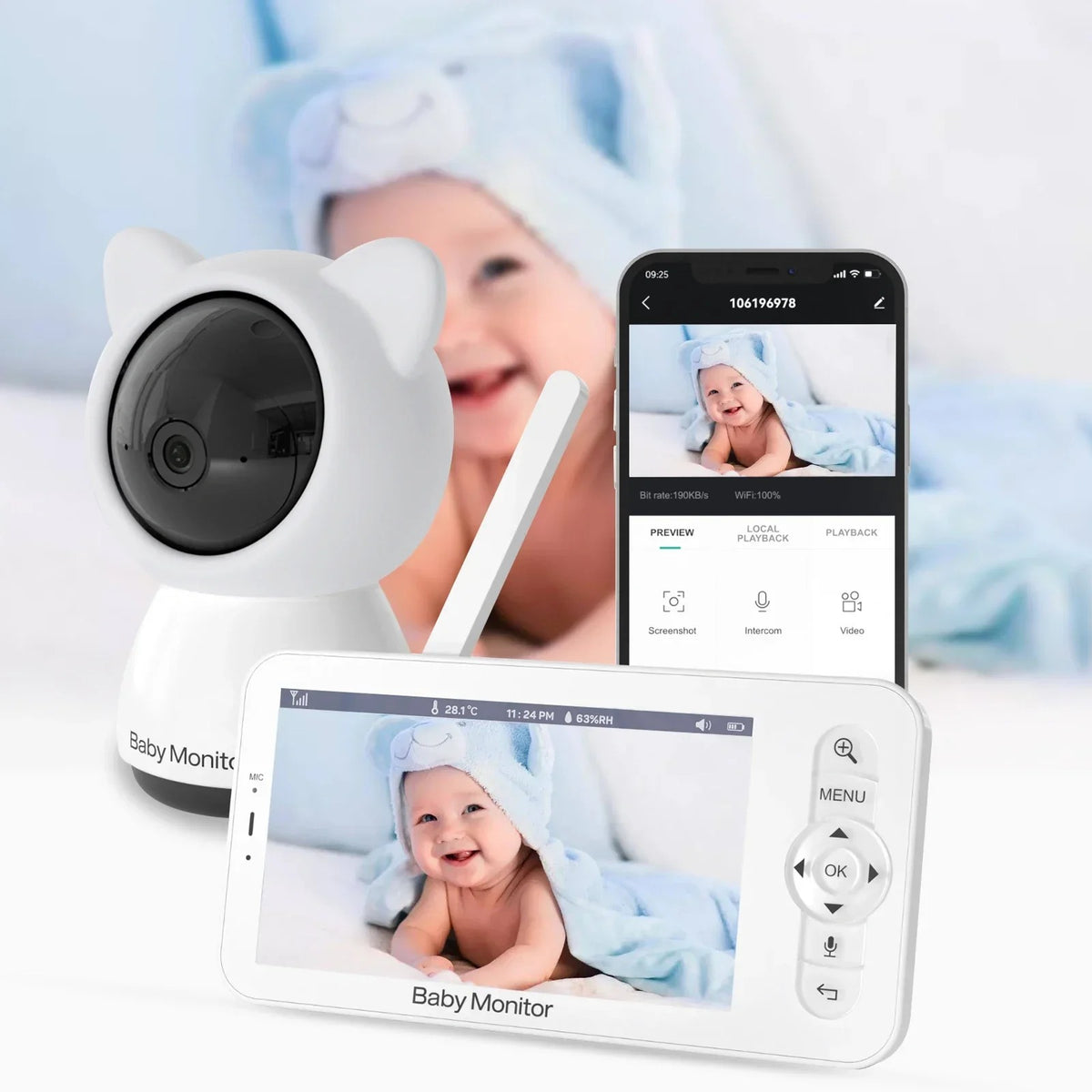 Baby Monitor - Babyfoon met Camera - Binnencamera - 355 ° PTZ 300 m bereik tweerichtingsvideo - Nachtzicht - 5 inch LCD - Video-intercom - Grijs - QUORE