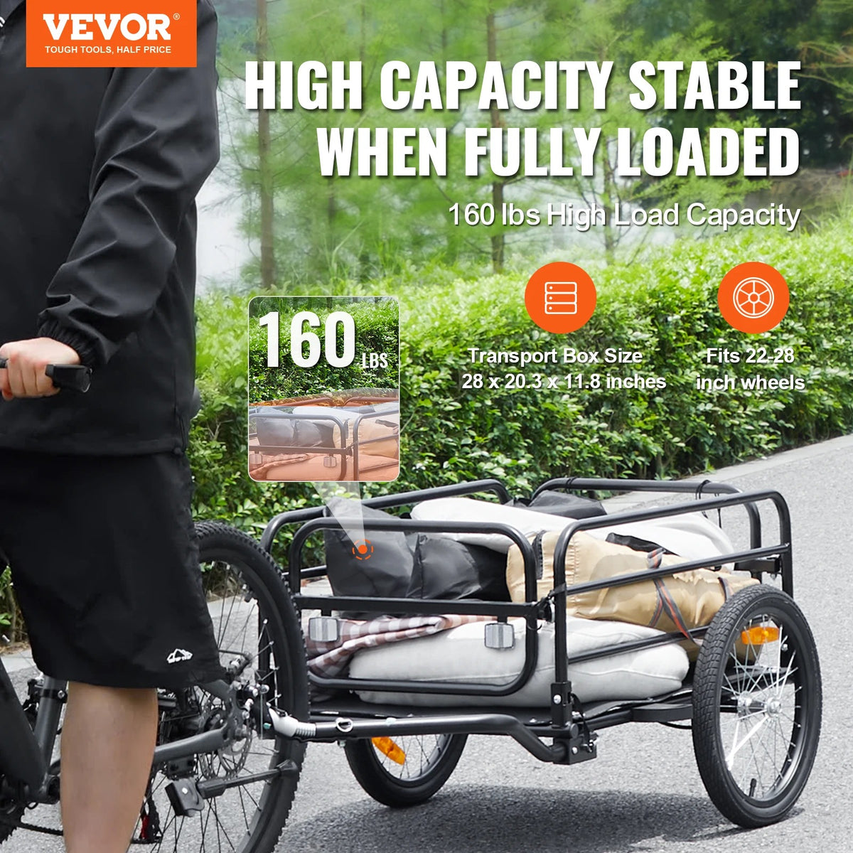 Vevor - Fietskar - Opvouwbaar - met Universele Koppeling - Compacte Opslag - 160 lbs Capaciteit - Geschikt voor 22"-28" Fietswielen - Zwart - QUORE