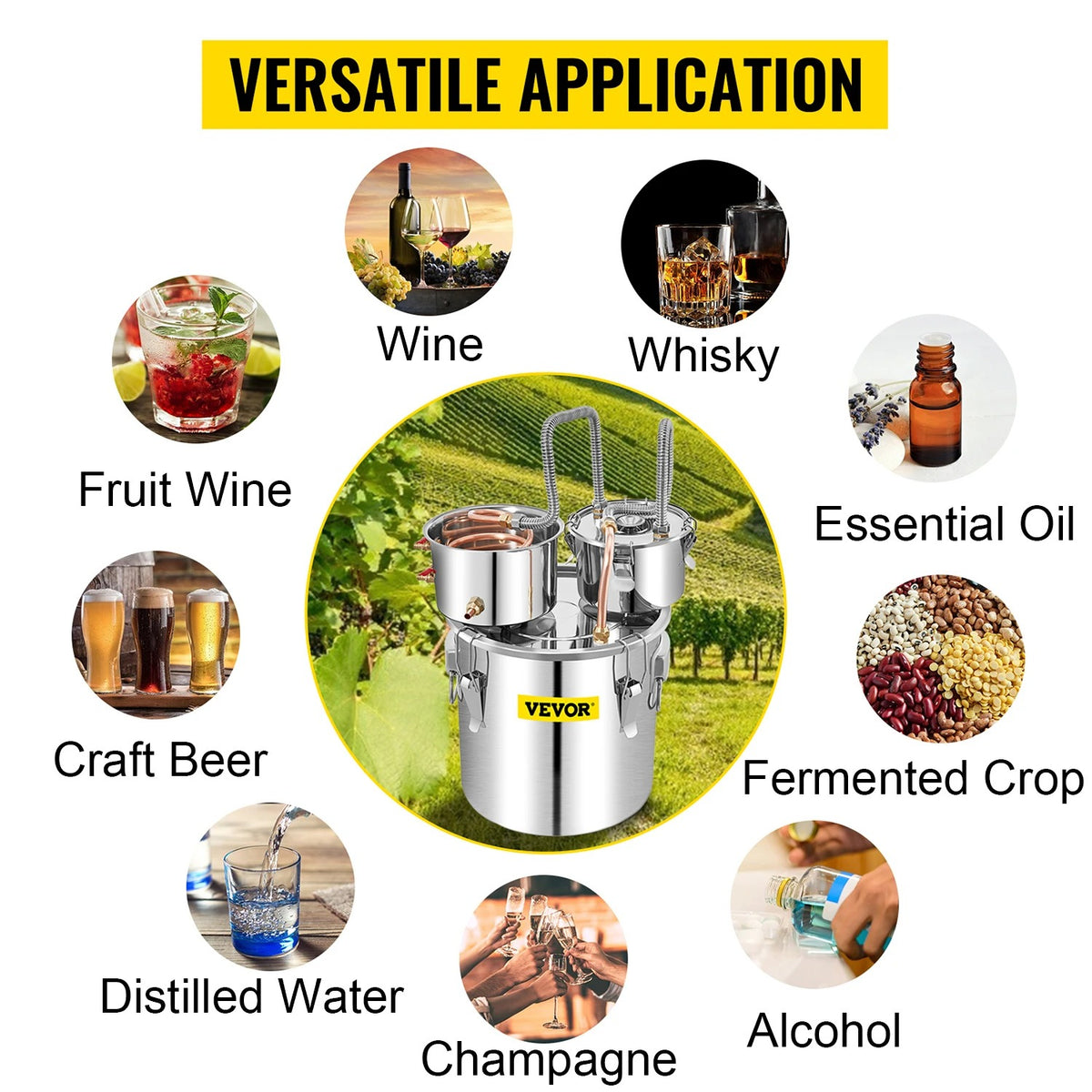 Vevor - Waterdestilleerder - Alcohol Water Distiller - DIY Moonshine Apparatuur - Roestvrij Staal - Brouwmachine voor Whisky Wijn Bier - 50L - Zilver - QUORE