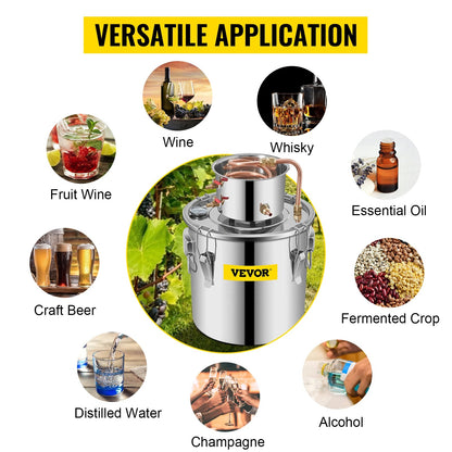 Vevor - Waterdestilleerder - Alcoholwaterdestilleerder - DIY Moonshine-apparatuur - 12L - Brouwmachine voor whisky, wijn, bier - Roestvrij staal - Zilver - QUORE