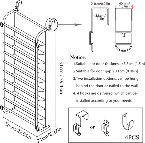 Shoe cabinet - Shoe rack - Shoe bench - 10-tier shoe rack - Hanging shoe rack - for cupboard pantry above the door - White 