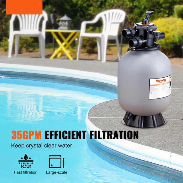 Vevor - Sand Filter - Sand Filter Pump - with 7-Way Multiport Valve - High GPM Flow Rate - High Pressure - 16 Inch - 35 GPM - HDPE Material - Gray