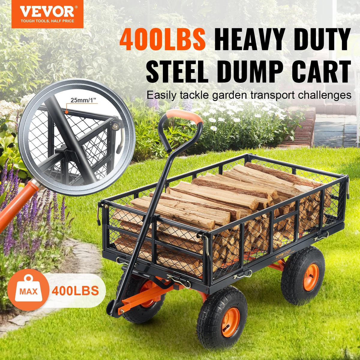 Deeper Festival Trolley - Garden Cart - Utility Wagon - met eenvoudige montage - Veelzijdige kiepwagen - Kruiwagen met 400 lbs laadvermogen - Zwart